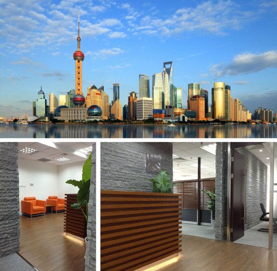 Top: Shanghai Skyline Above: Interior of PFS Design International Offices, Shanghai